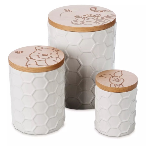 Disney Parks WINNIE THE POOH White Ceramic Honeycomb Canister Cookie Jar Set NEW - Picture 2 of 3